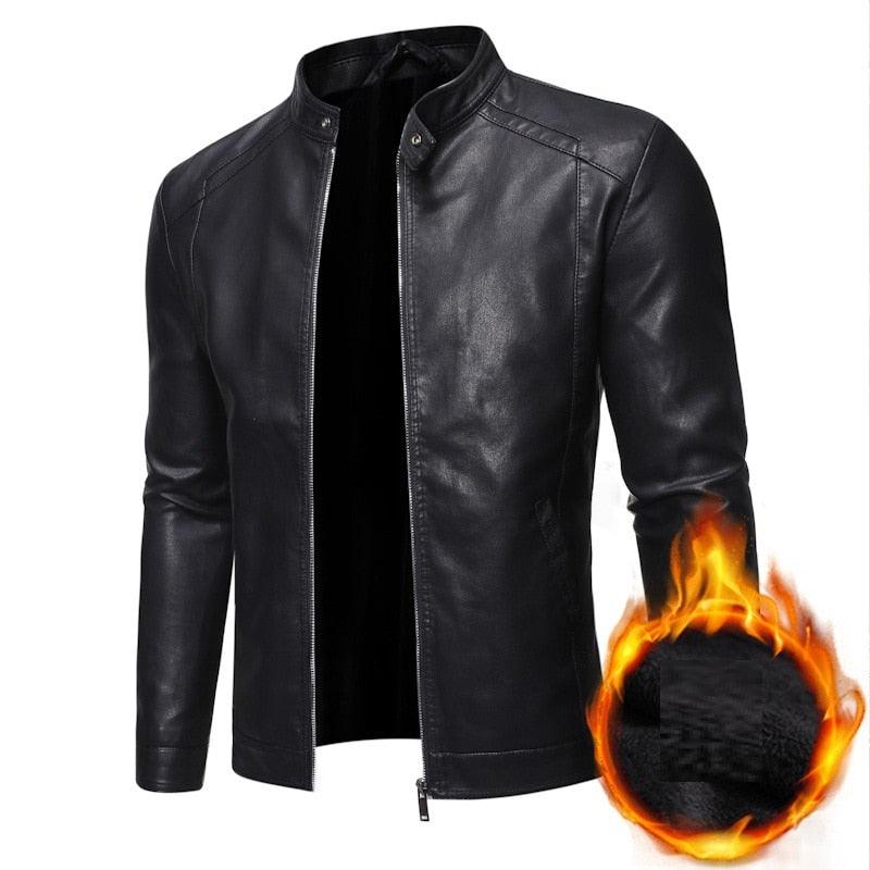 Men's black faux leather slim fit motorcycle jacket with elegant styling