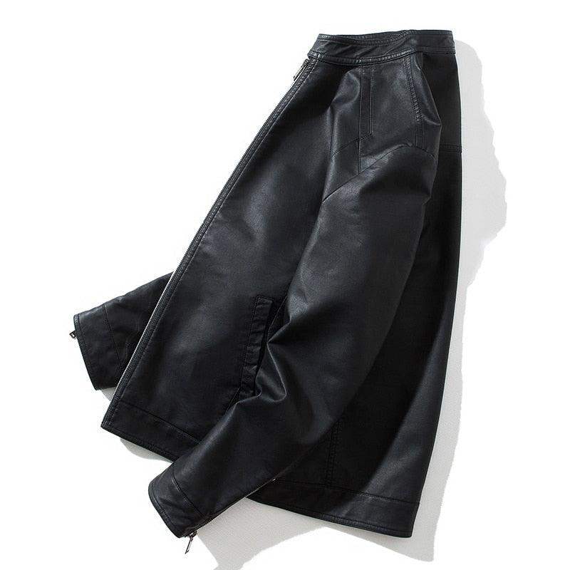 Men's Black Faux Leather Motorcycle Jacket Slim Fit Business Coat