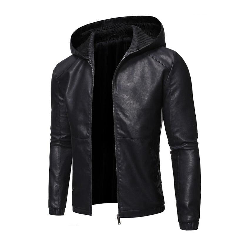 Men's Black Faux Leather Motorcycle Jacket Slim Fit Business Coat
