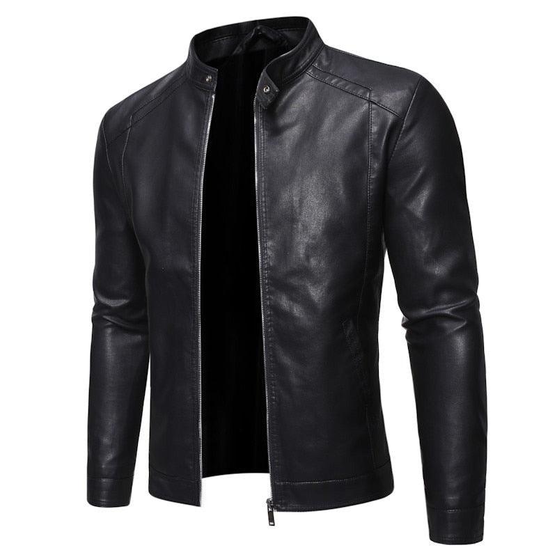 Men's Black Faux Leather Motorcycle Jacket Slim Fit Business Coat