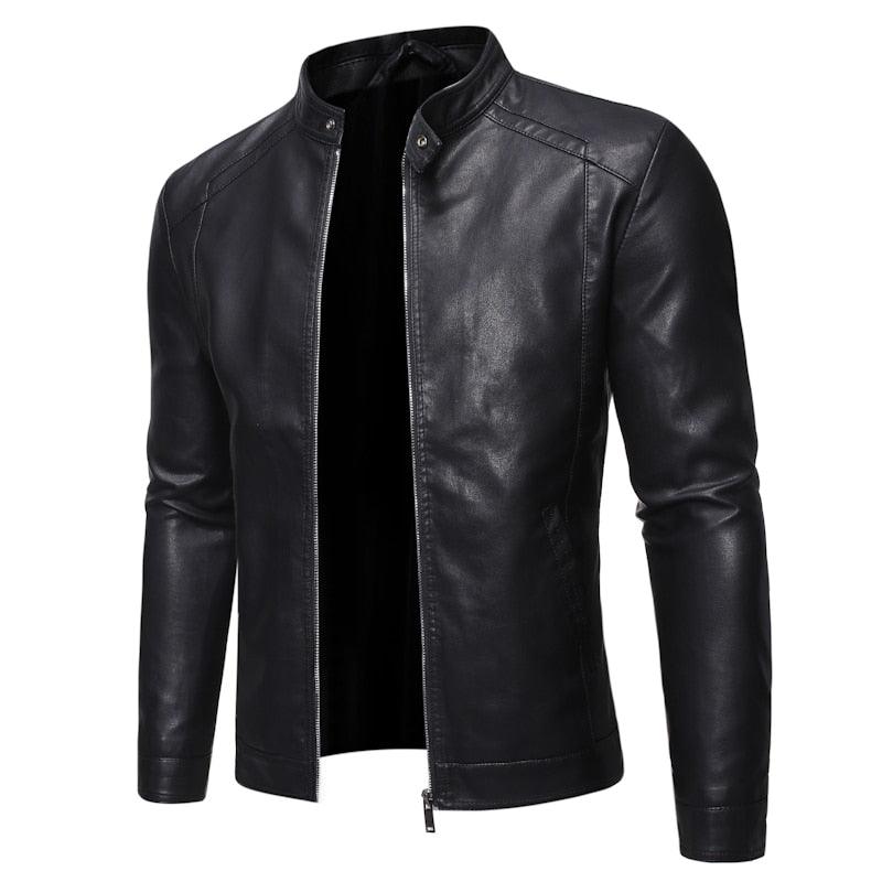 Men's Black Faux Leather Motorcycle Jacket Slim Fit Business Coat