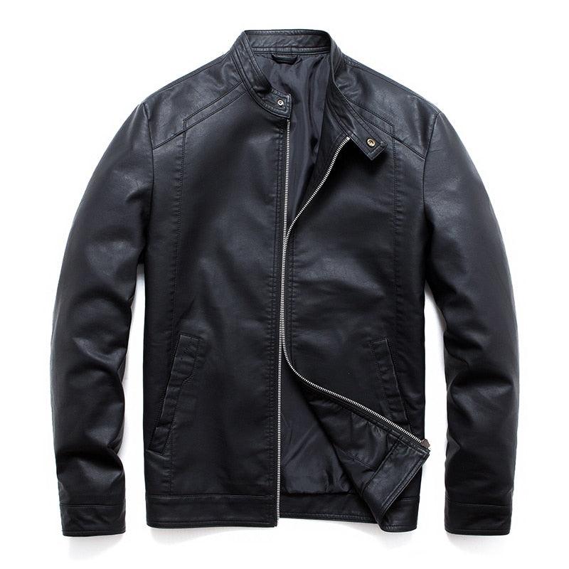 Men's Black Faux Leather Motorcycle Jacket Slim Fit Business Coat