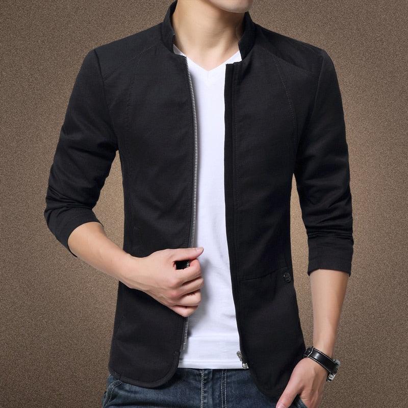 A sleek, slim-fit black cotton men's jacket suitable for business casual attire.