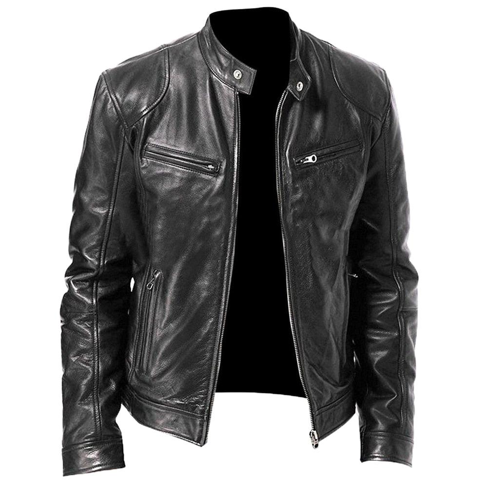 Men's Vintage Black PU Leather Motorcycle Jacket Slim Fit Coat