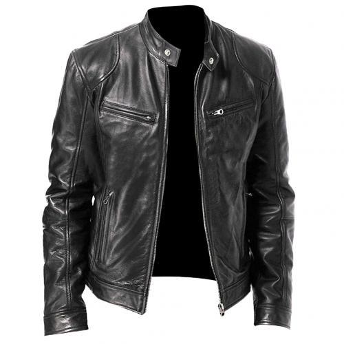 Men's Vintage Black PU Leather Motorcycle Jacket Slim Fit Coat
