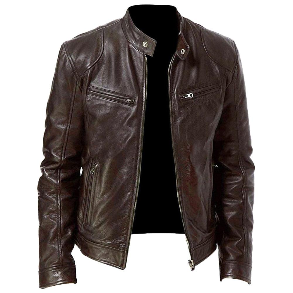 Men's Vintage Black PU Leather Motorcycle Jacket Slim Fit Coat