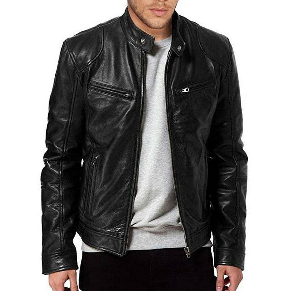 Men's vintage black PU leather motorcycle jacket with slim fit collar