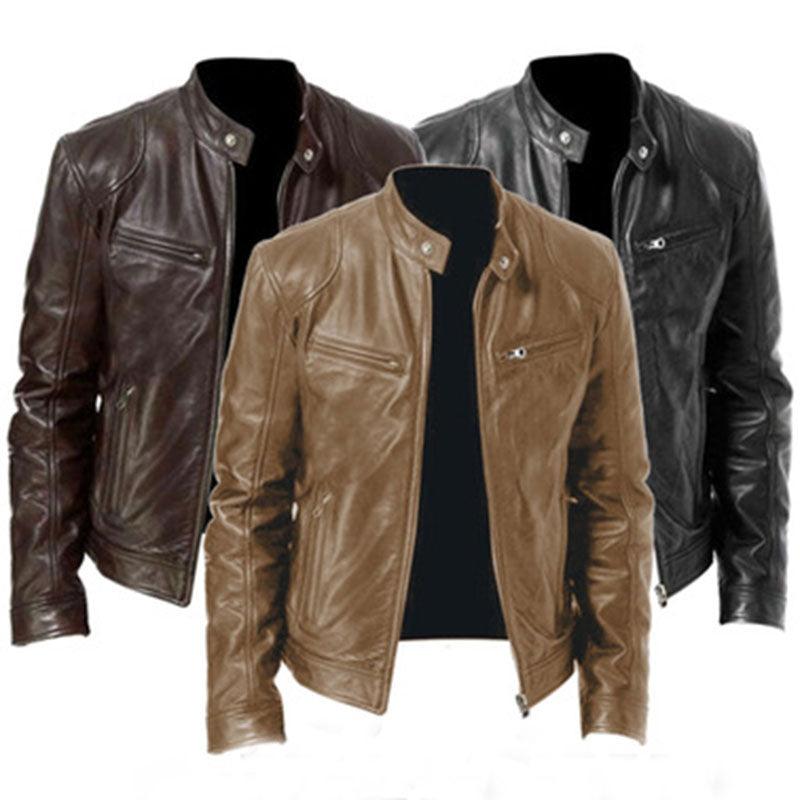 Men's Vintage Black PU Leather Motorcycle Jacket Slim Fit Coat