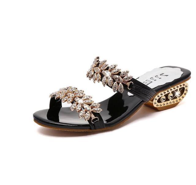 Rhinestone Glitter Square Toe Ring Slingback Sandals Black