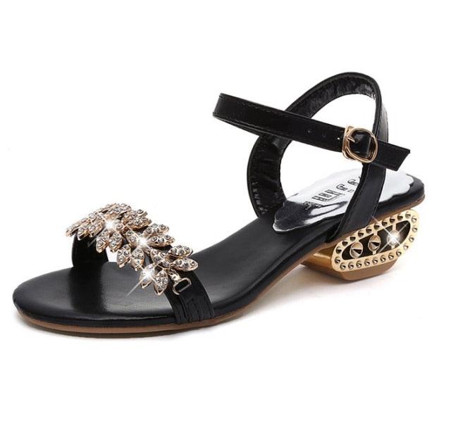 Rhinestone Glitter Square Toe Ring Slingback Sandals Black