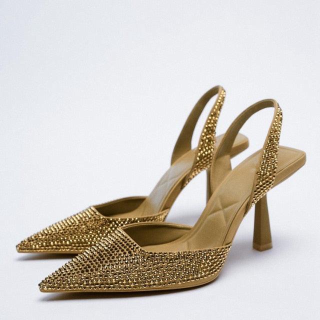 Black Pointed Toe Flat Mules with Rhinestone Strap Detail