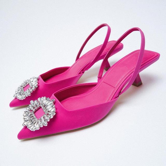 Black Pointed Toe Flat Mules with Rhinestone Strap Detail