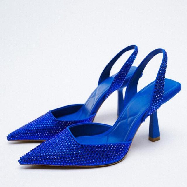 Black Pointed Toe Flat Mules with Rhinestone Strap Detail