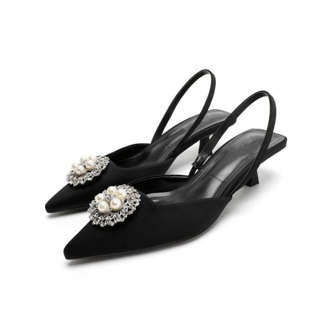 Black Pointed Toe Flat Mules with Rhinestone Strap Detail