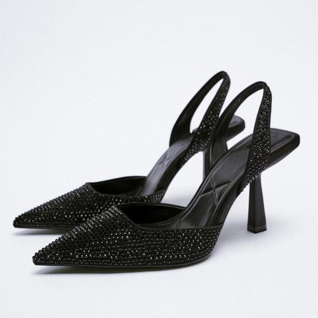 Black Pointed Toe Flat Mules with Rhinestone Strap Detail