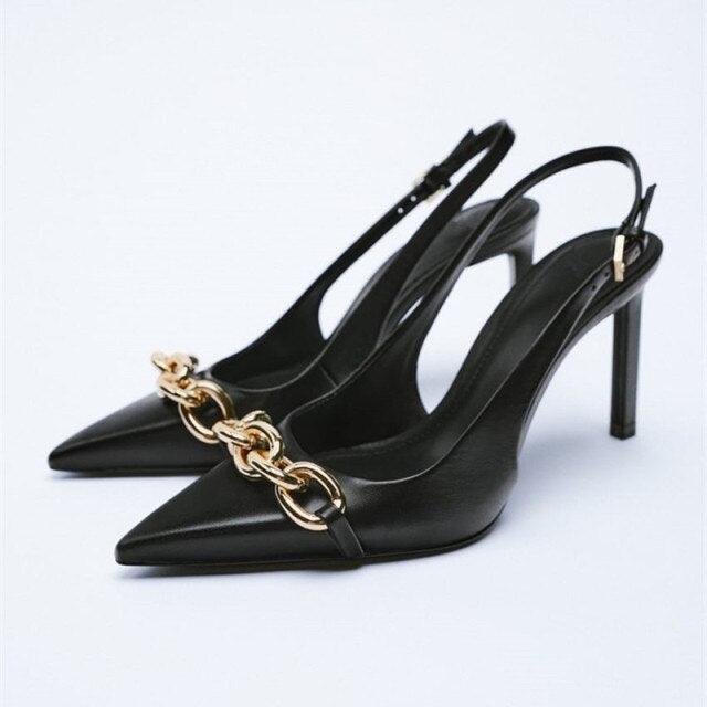 Black Pointed Toe Flat Mules with Rhinestone Strap Detail