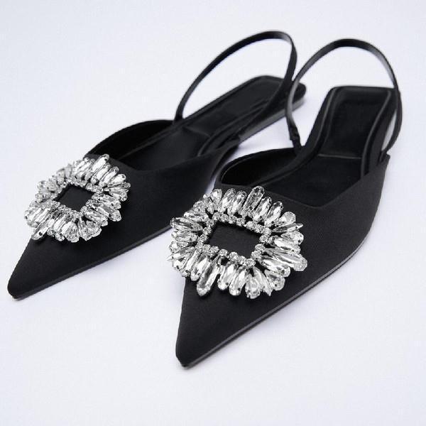 Black Pointed Toe Flat Mules with Rhinestone Strap Detail