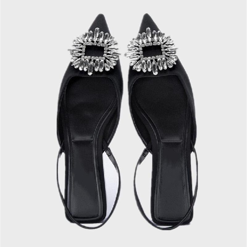 Black Pointed Toe Flat Mules with Rhinestone Strap Detail