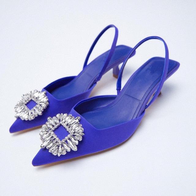 Black Pointed Toe Flat Mules with Rhinestone Strap Detail