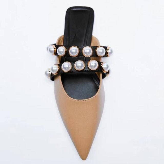 Black Pointed Toe Flat Mules with Rhinestone Strap Detail