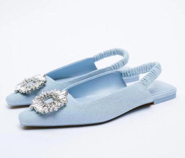 Black Pointed Toe Flat Mules with Rhinestone Strap Detail
