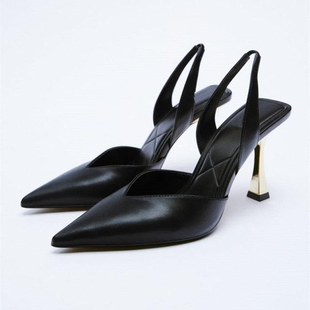Black Pointed Toe Flat Mules with Rhinestone Strap Detail