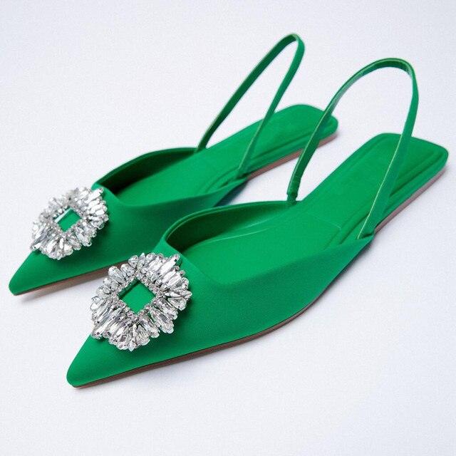 Black Pointed Toe Flat Mules with Rhinestone Strap Detail