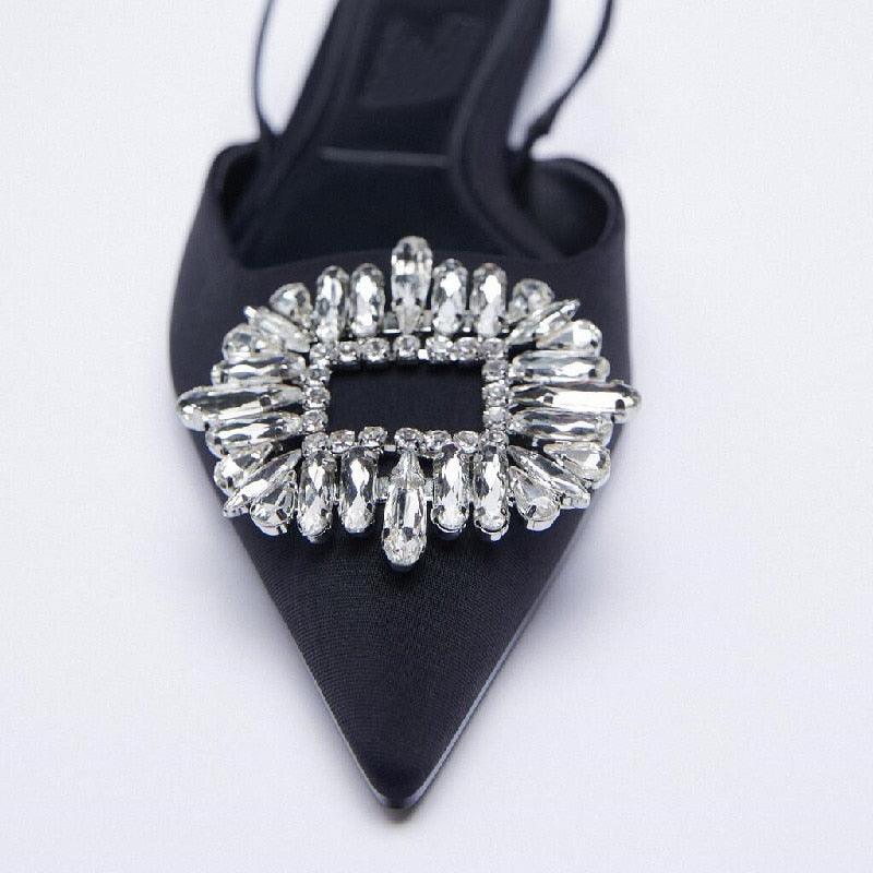 Black Pointed Toe Flat Mules with Rhinestone Strap Detail