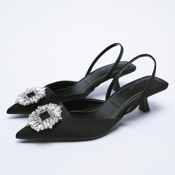 Black Pointed Toe Flat Mules with Rhinestone Strap Detail