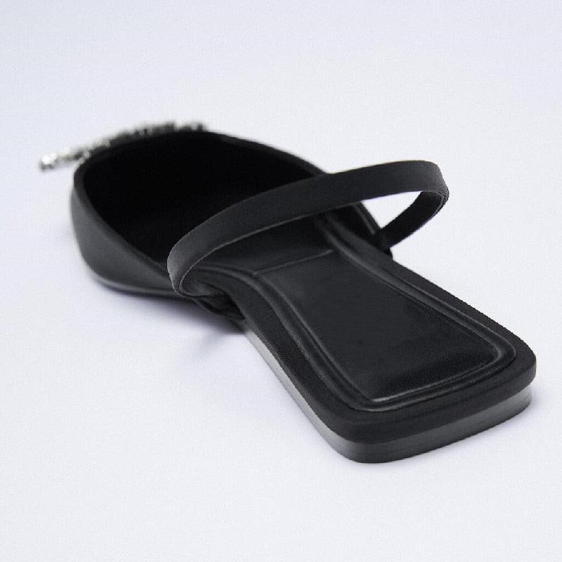 Black Pointed Toe Flat Mules with Rhinestone Strap Detail