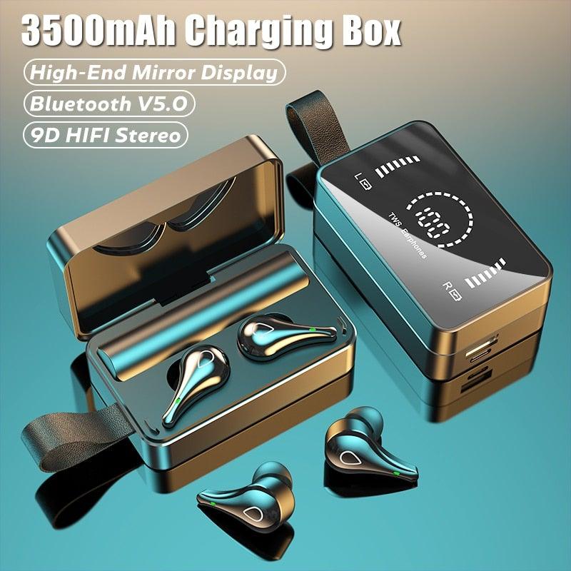 Wireless Bluetooth earbuds with 3500mAh mirror charging case for sports and gaming