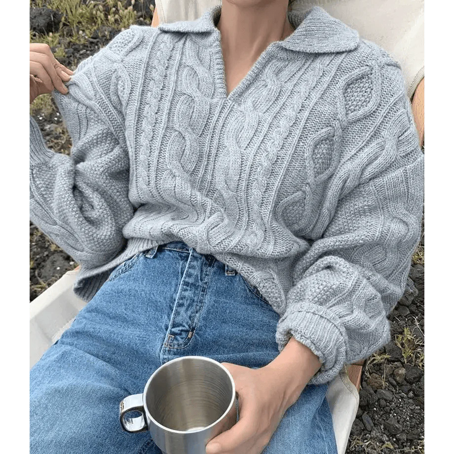 Retro Turn-Down Collar Sweater in Light Blue or Pale Mint Knit