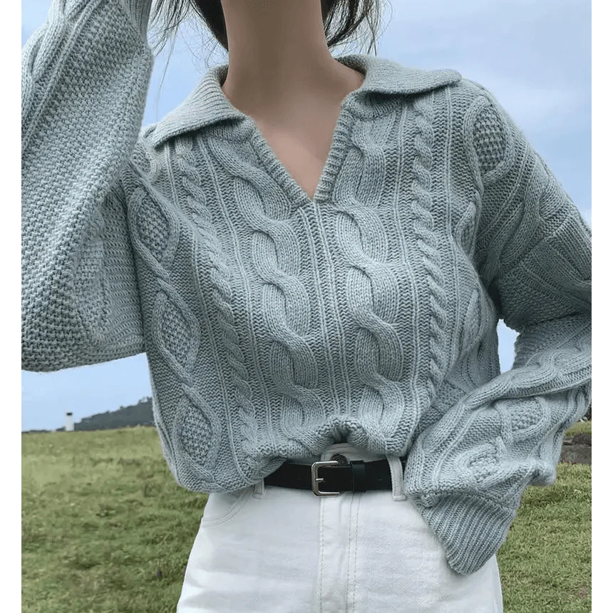 Retro Turn-Down Collar Sweater in Light Blue or Pale Mint Knit