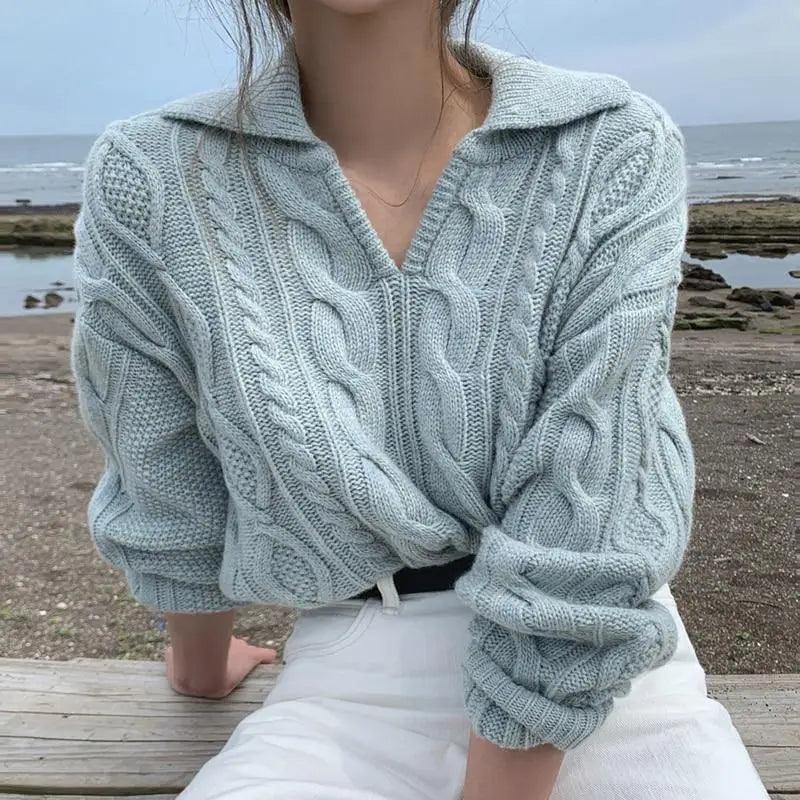 Retro Turn-Down Collar Sweater in Light Blue or Pale Mint Knit