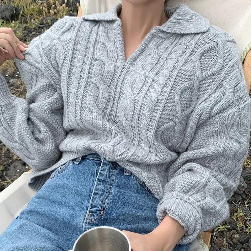 Retro Turn-Down Collar Sweater in Light Blue or Pale Mint Knit