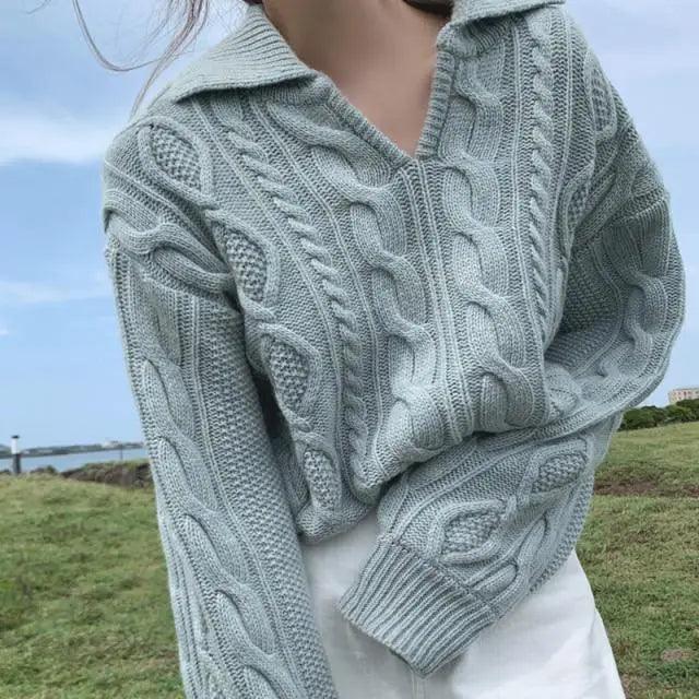 Retro Turn-Down Collar Sweater in Light Blue or Pale Mint Knit