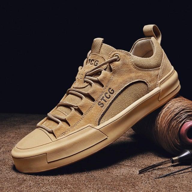 Luxury Leather Men's Lace-Up Sneakers - Modern Tan Casual Shoes