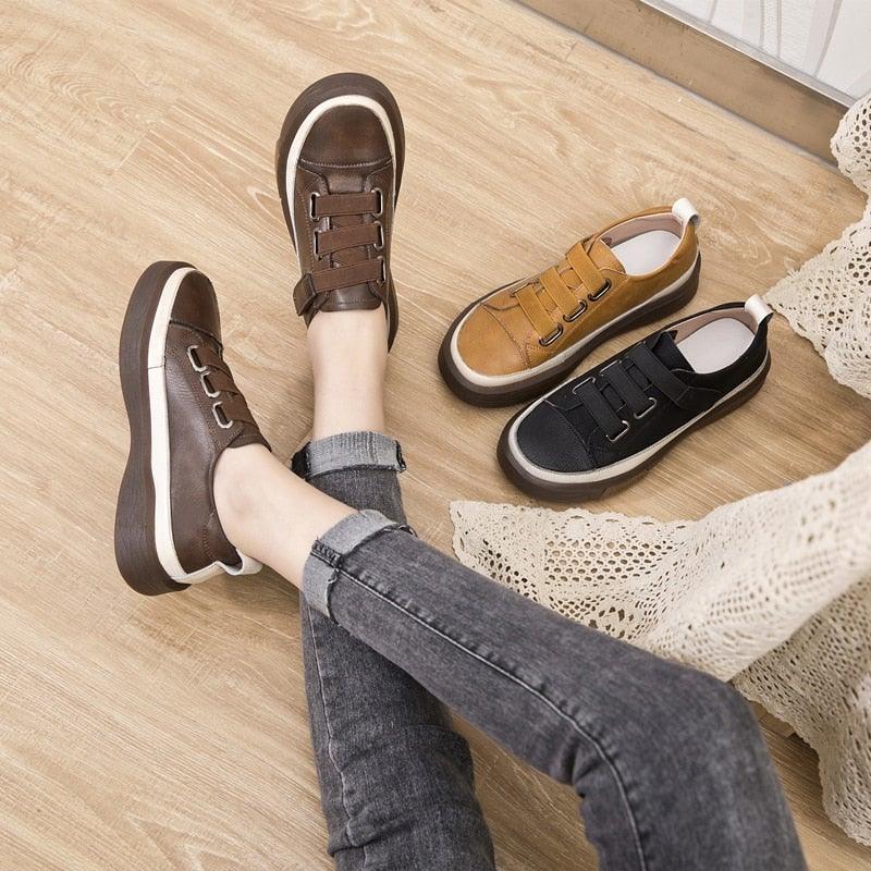 Genuine Leather Platform Sneakers for Women Comfortable Casual Flats