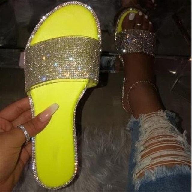 Women's Rhinestone Glitter Flat Sandals Open Toe Beach Flip Flops - front view