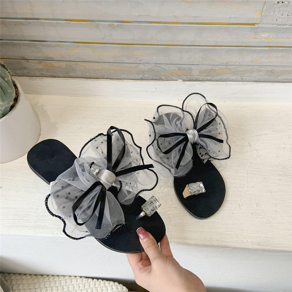 Luxury Rhinestone Bowtie Flat Mules for Women
