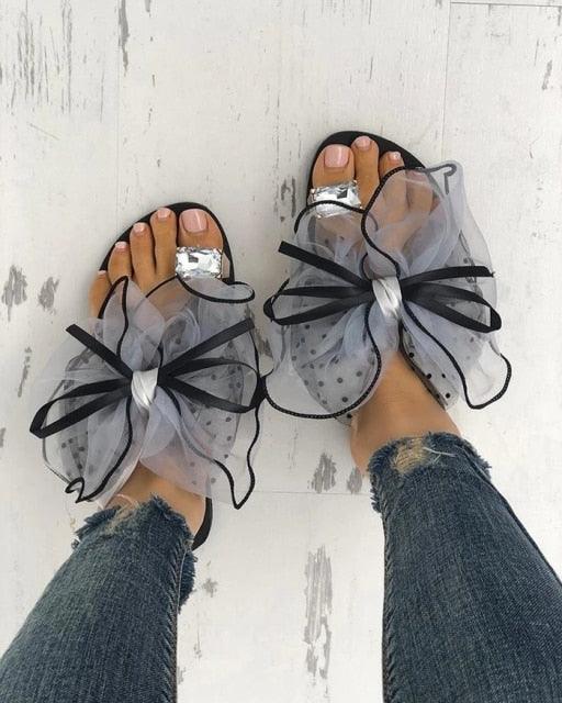 Luxury Rhinestone Bowtie Flat Mules for Women