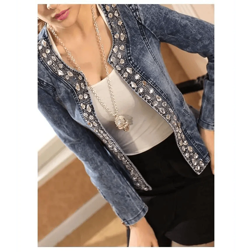 Women’s Vintage Denim Biker Jacket with Sequin Accents