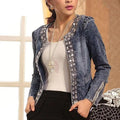 Vintage-style denim biker jacket for women featuring sequin detailing in blue and silver
