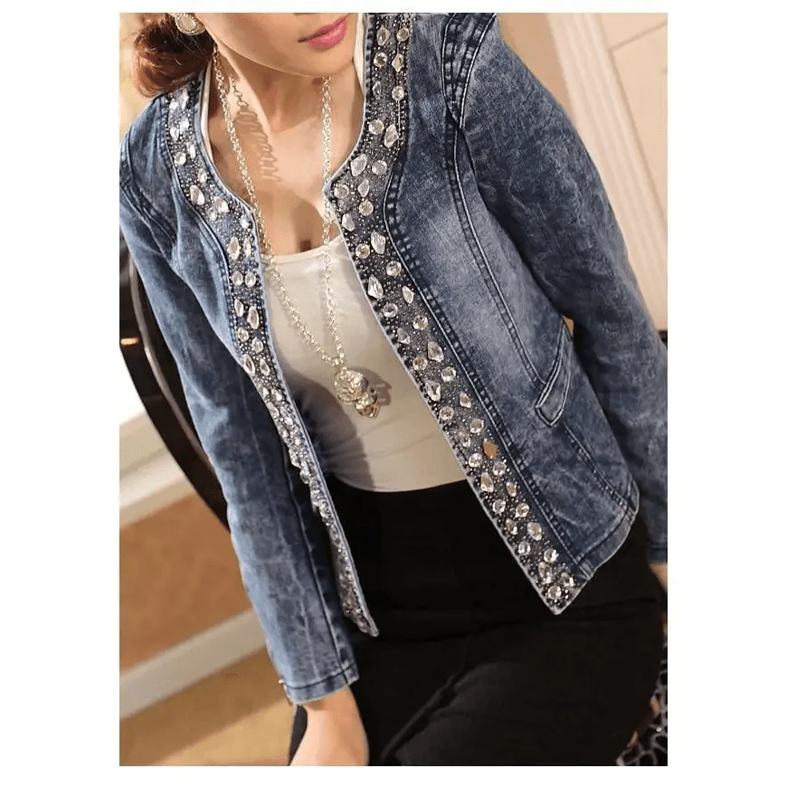 Women’s Vintage Denim Biker Jacket with Sequin Accents