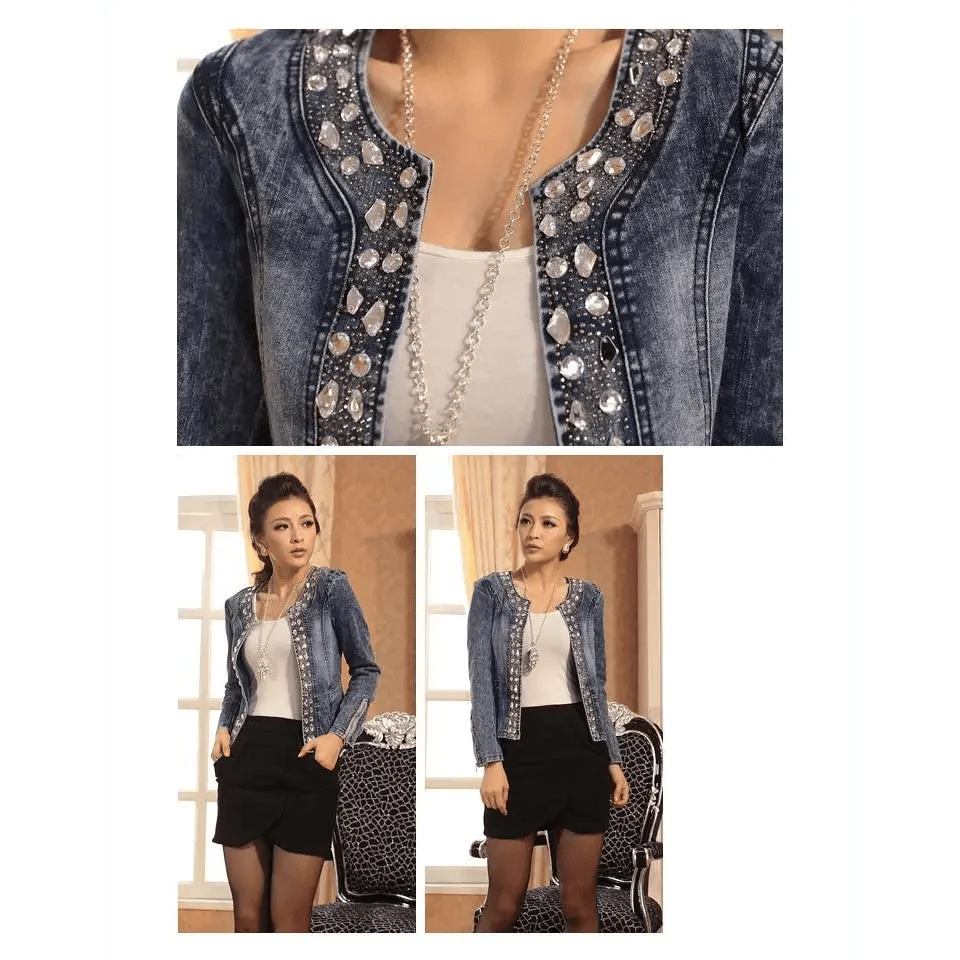 Women’s Vintage Denim Biker Jacket with Sequin Accents