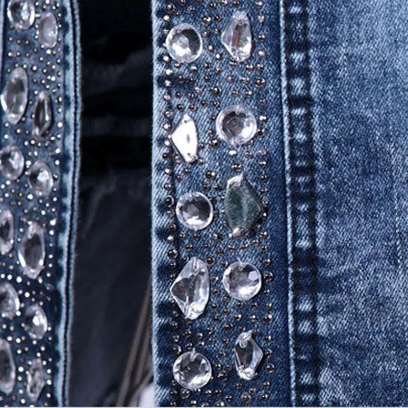 Women’s Vintage Denim Biker Jacket with Sequin Accents