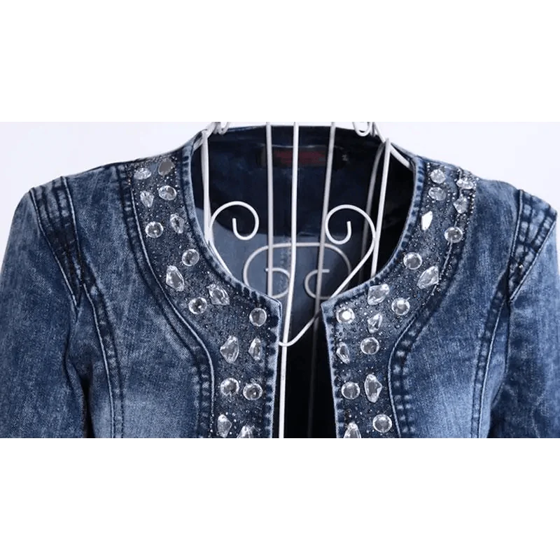 Women’s Vintage Denim Biker Jacket with Sequin Accents