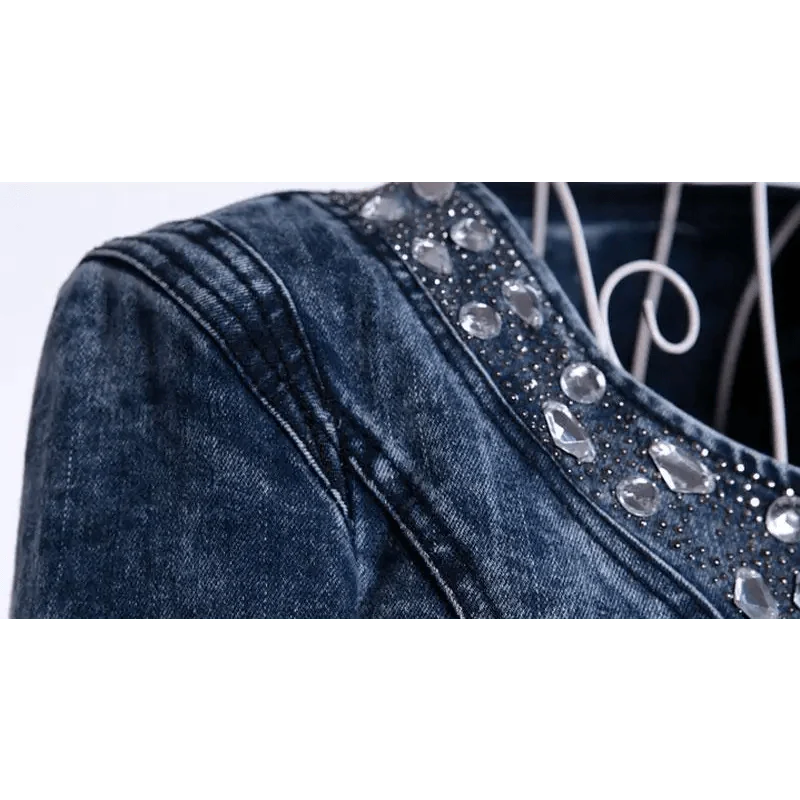 Women’s Vintage Denim Biker Jacket with Sequin Accents