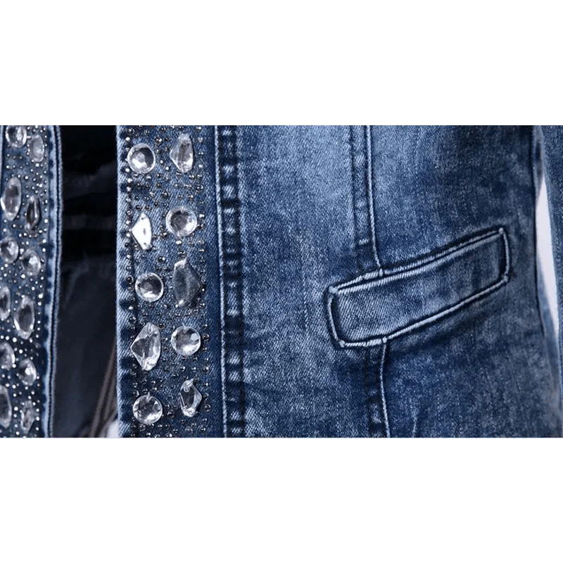 Women’s Vintage Denim Biker Jacket with Sequin Accents