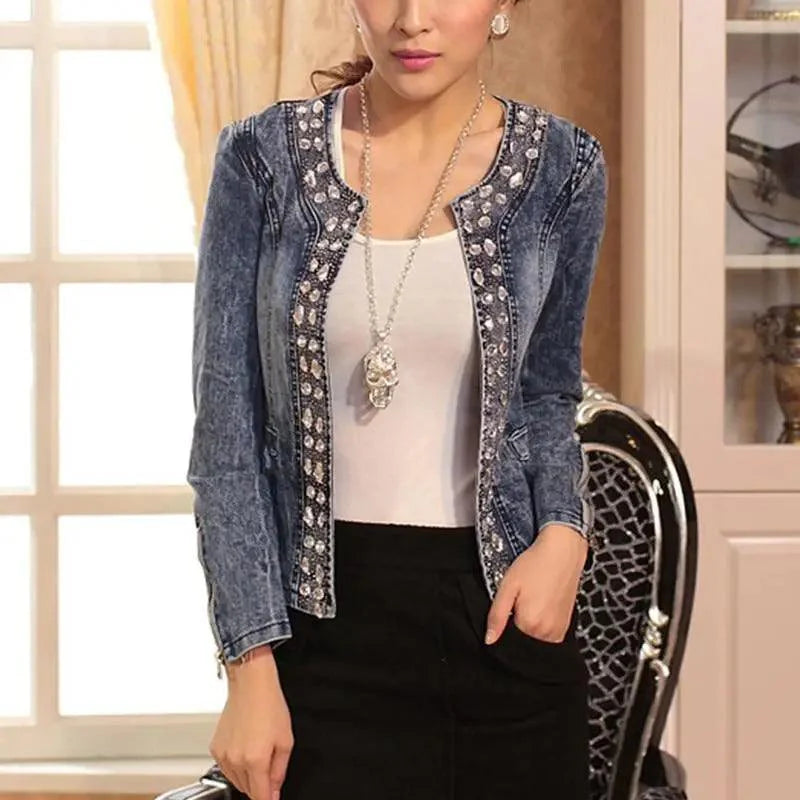 Women’s Vintage Denim Biker Jacket with Sequin Accents